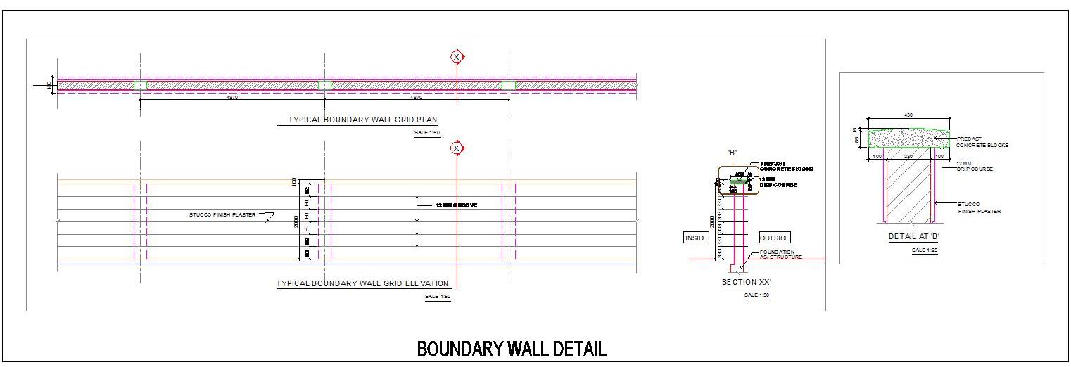 Boundary Wall CAD Drawing- Brickwork with Precast Coping